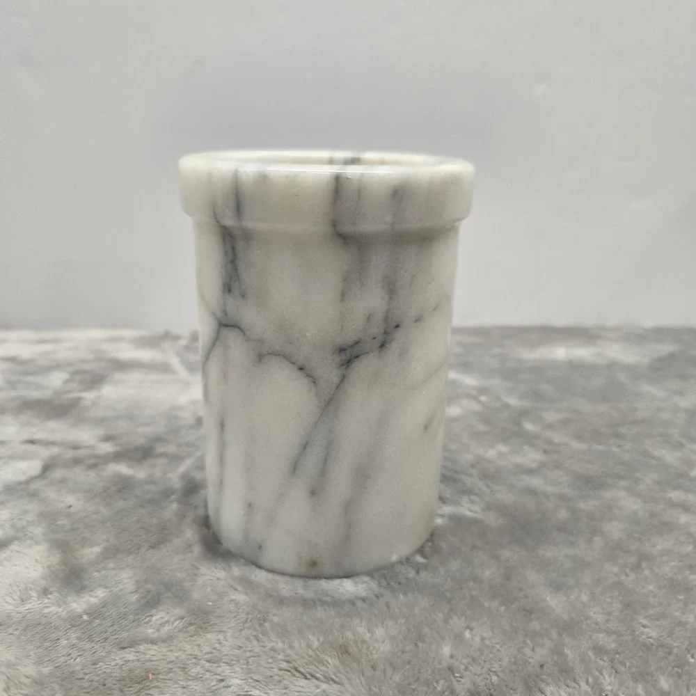 White Marble Wine Chiller Utensil Holder Heavy Solid‎ Stone Grey Veined Cylinder